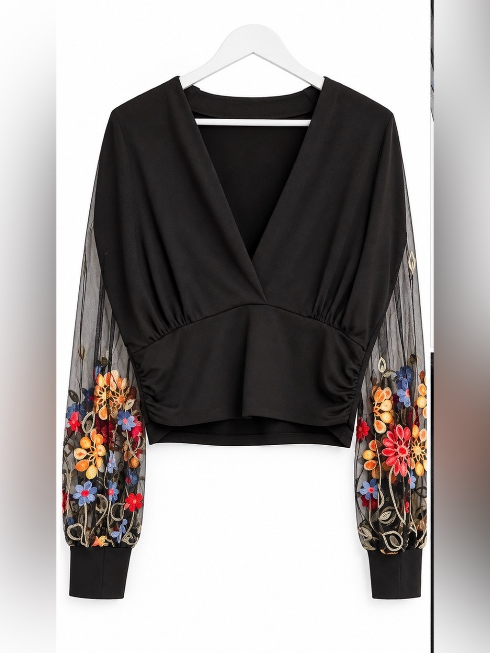 Black Embroidered Floral Sheer Sleeve Wrap Top Size L